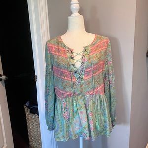 Spell and the Gypsy Collective peasant blouse. Pink and green, size small.
